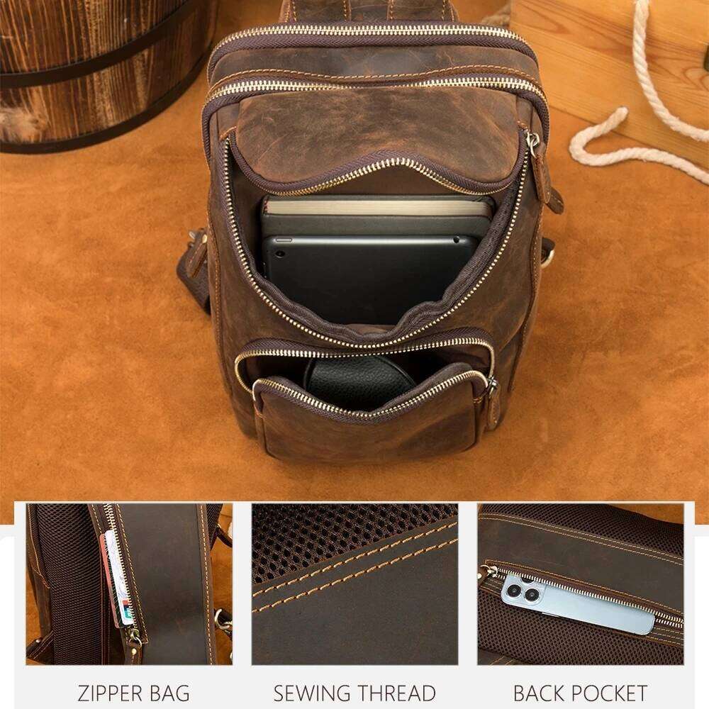 Men Bagpack Shoulder Cross Body Genuine Leather Cowskin Chest Pack For Outdoor Travel Messenger Bag Riding
