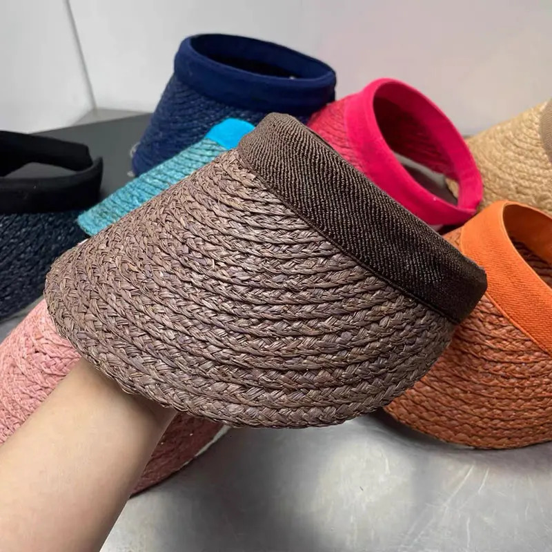 2025 Summer Empty Top Color Raffia Sun Hat Anti Uv Female Visor Cap Casual Shade Hat Straw Wide Large Brim Outdoor Beach Sunhat 250603