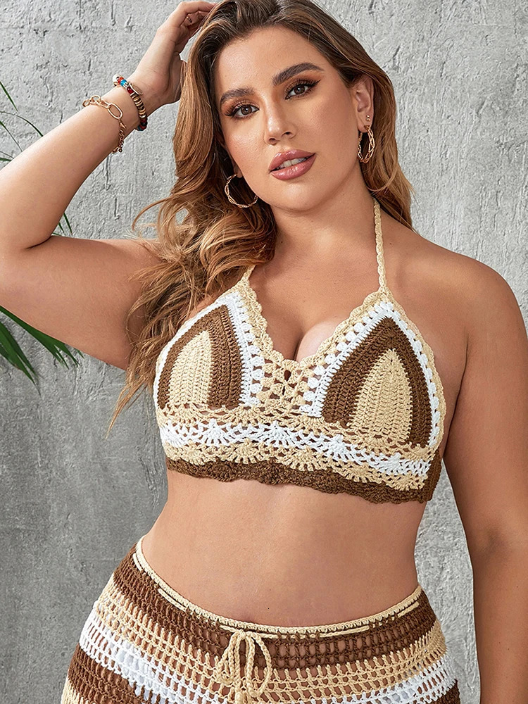 Plus Size Crochet Bikini Top Multi Color Knitted Rainbow Striped Off Shoulder Beachwear Women Beach Swimsuit 250603