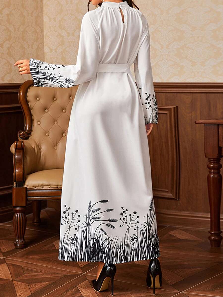 Elegant Floral Print Maxi Dress with Waist Tie Traditional Middle Eastern Design Flowy Round Neck Long Sleeve Abaya Gown