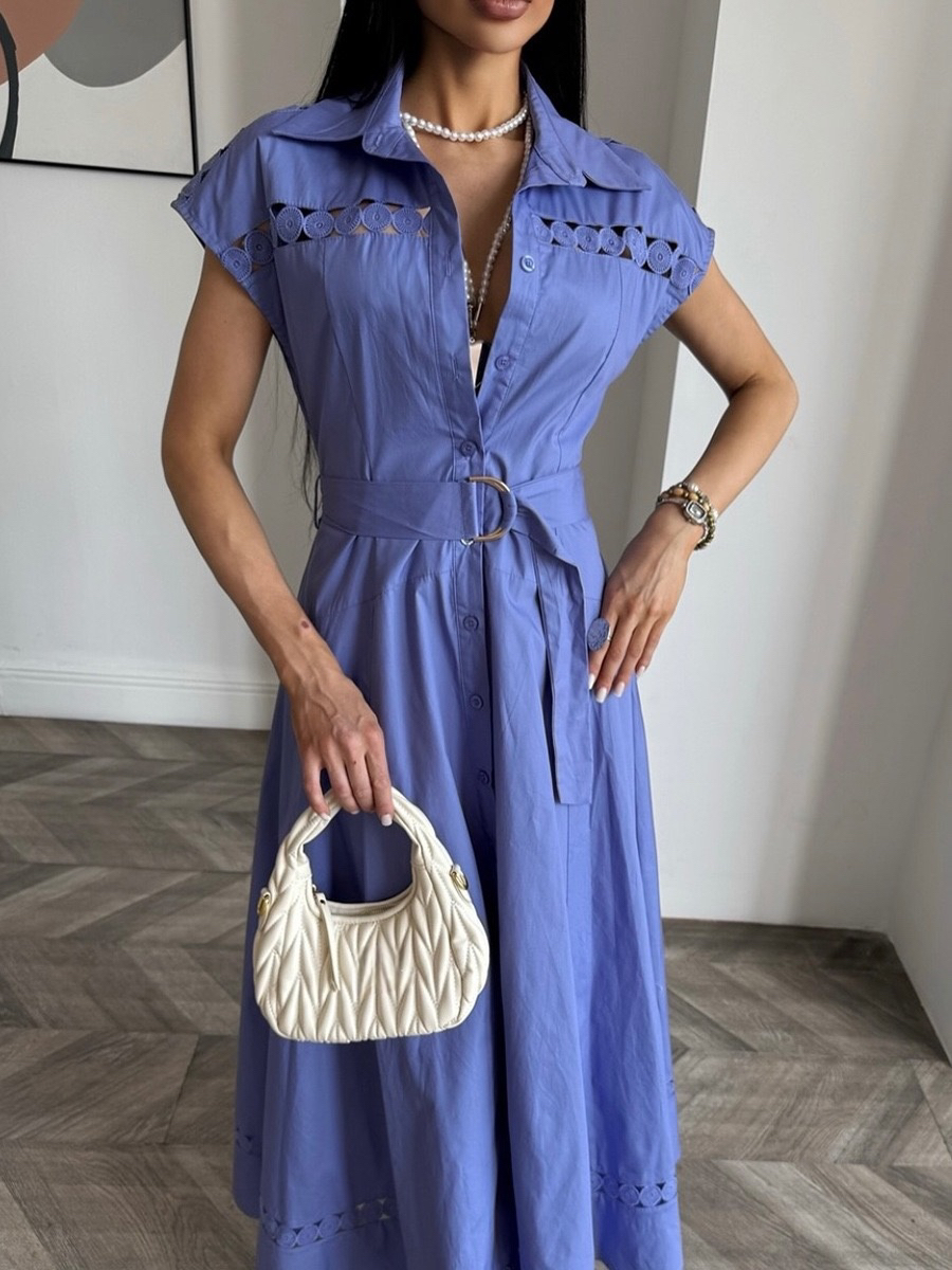 French-style retro solid-color long dress, summer new style, round collar, open back, waistband with belt, fitted short sleeves, wide skirt, women