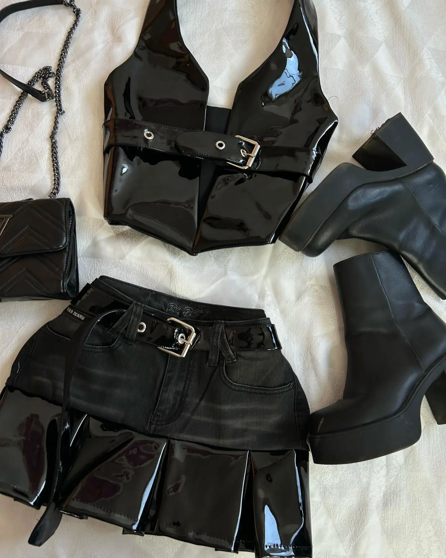 Harajuku Black Y2k Mini Skirt Sets Denim Splicing Leather Two Piece Sets Women Outfits Sexy Girl Gothic Camisole Tops Streetwear 250605