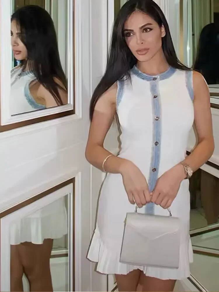 Pleated Patchwork Knitted Mini Dress Women Elegant Round Neck Sleeveless Single Breasted Short Dresses 2025 New Fashion Vestidos