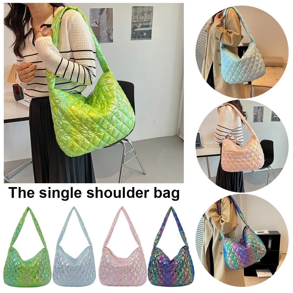 Autumn Winter Women Tote Bag Large-capacity Cotton Padded Ladies Tote Handbags Laser Multicolor Rhombus Pattern for Daily Life 250603