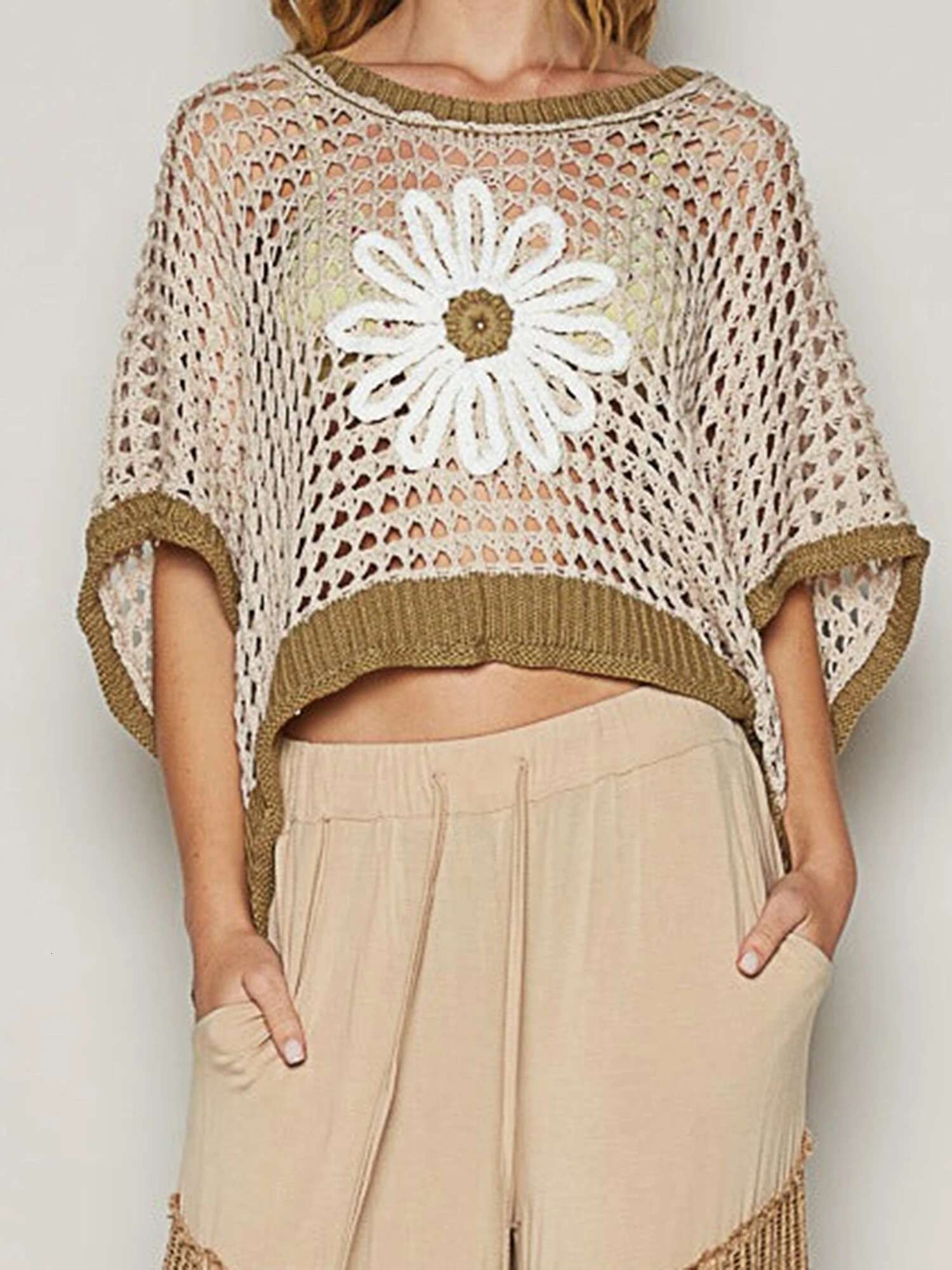 Womens Lightweight Crochet Sweaters with Floral Embroidery and Hollow Knit Design for Spring and Summer