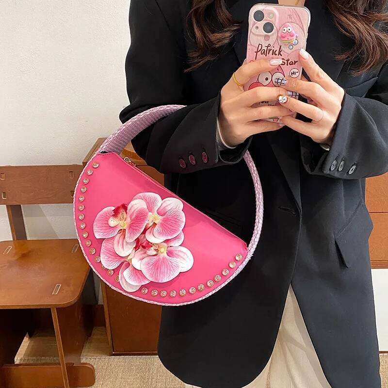 2025 Dia 3D Floral Evening Clutch Bag Women Fashion Design Wedding Party Semicircle Saddle Handbags