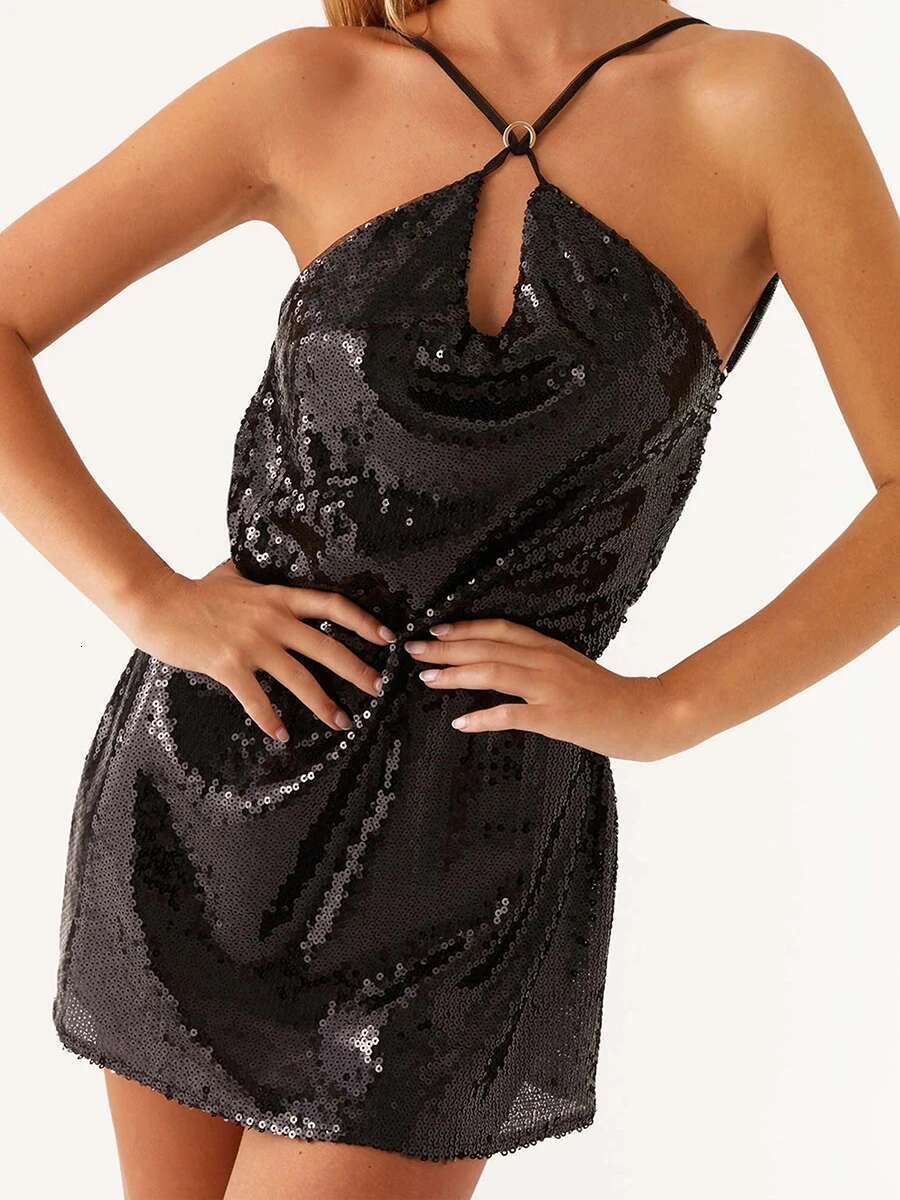 Elegant Womens Sequin Mini Dress with Spaghetti Straps and Backless Design Perfect for Summer Fashion Parties and Events