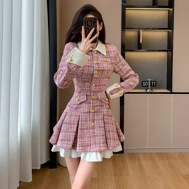 Small Fragrant Style Tweed Pink Dress for Women Autumn French Socialite Single-breasted Color Splicing Slim Short Dress 250603