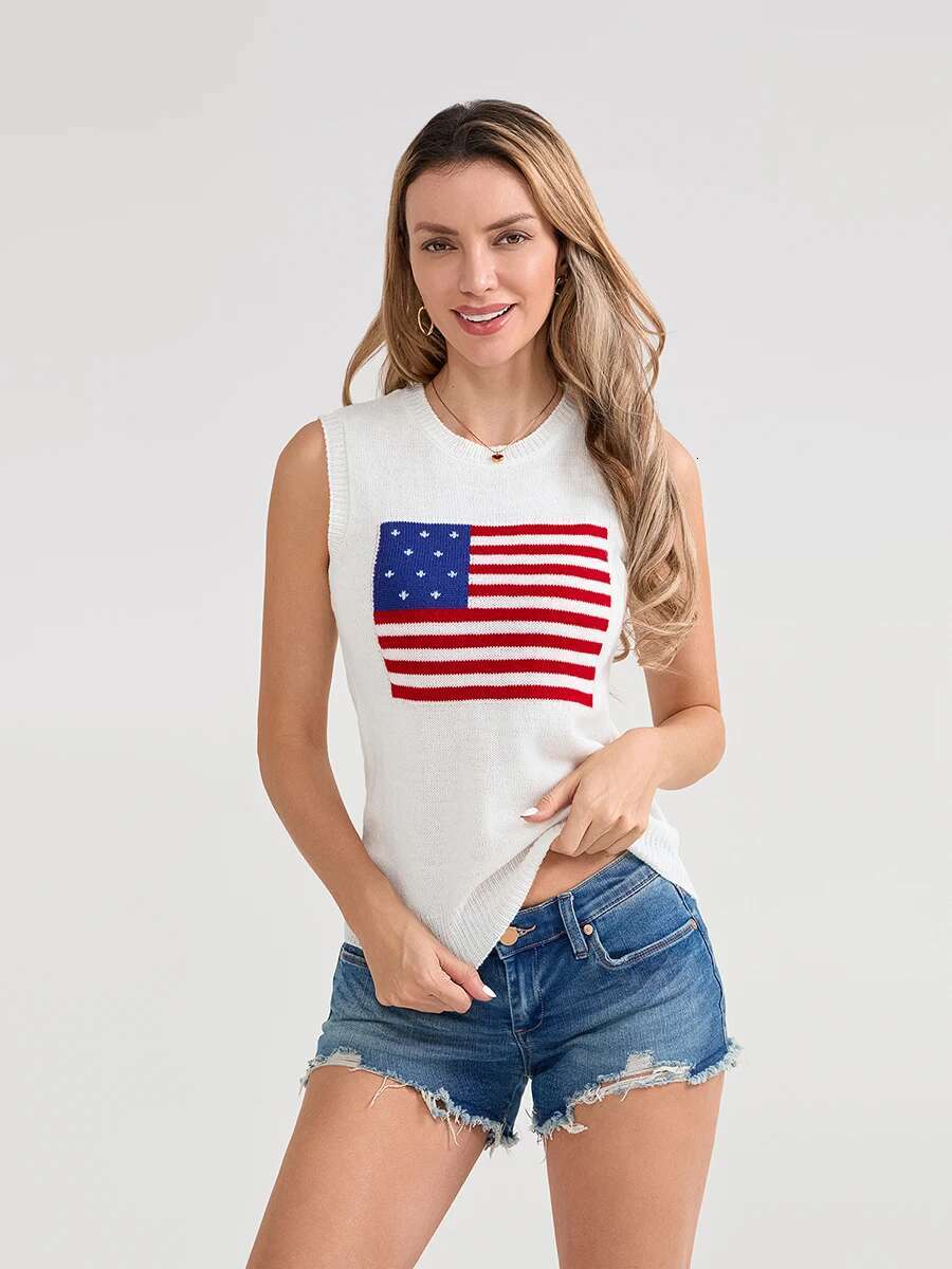 Womens Sleeveless Knit Tank Top with American Flag Print Casual Summer Vest for Daily Wear and Date Nights