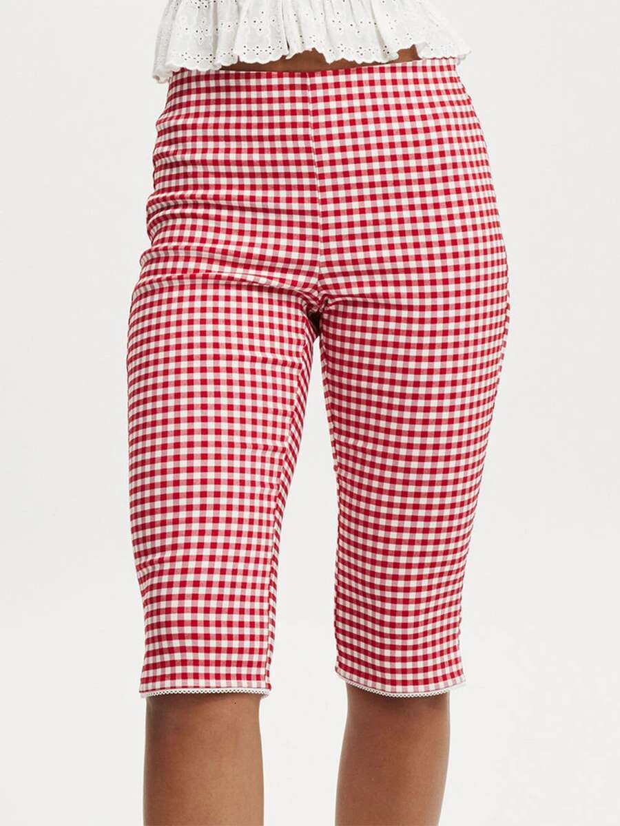 Ladies Checkered Cropped Trousers with Mid-rise Waist and Stylish Knee-length Side Slits Perfect for Everyday Wear or Night