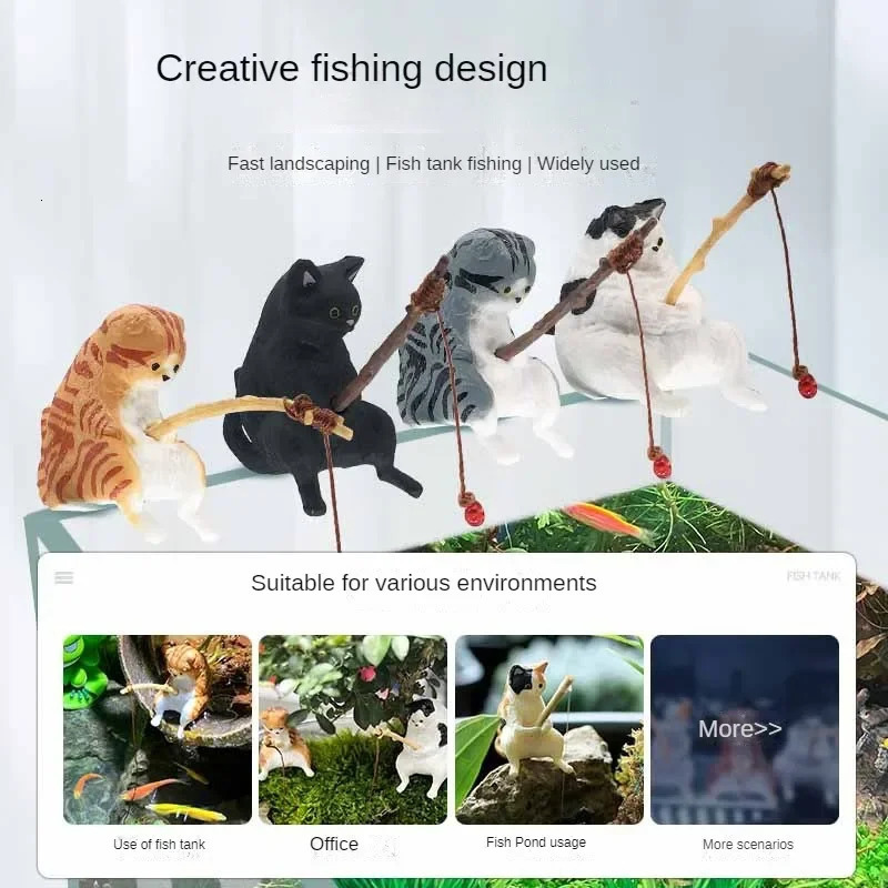 7pcs/set Fishing Cat Ornaments Aquarium Decoration Fish Landscaping Cartoon Cat Statue Mini Resin Figurine Home Decorations 250604