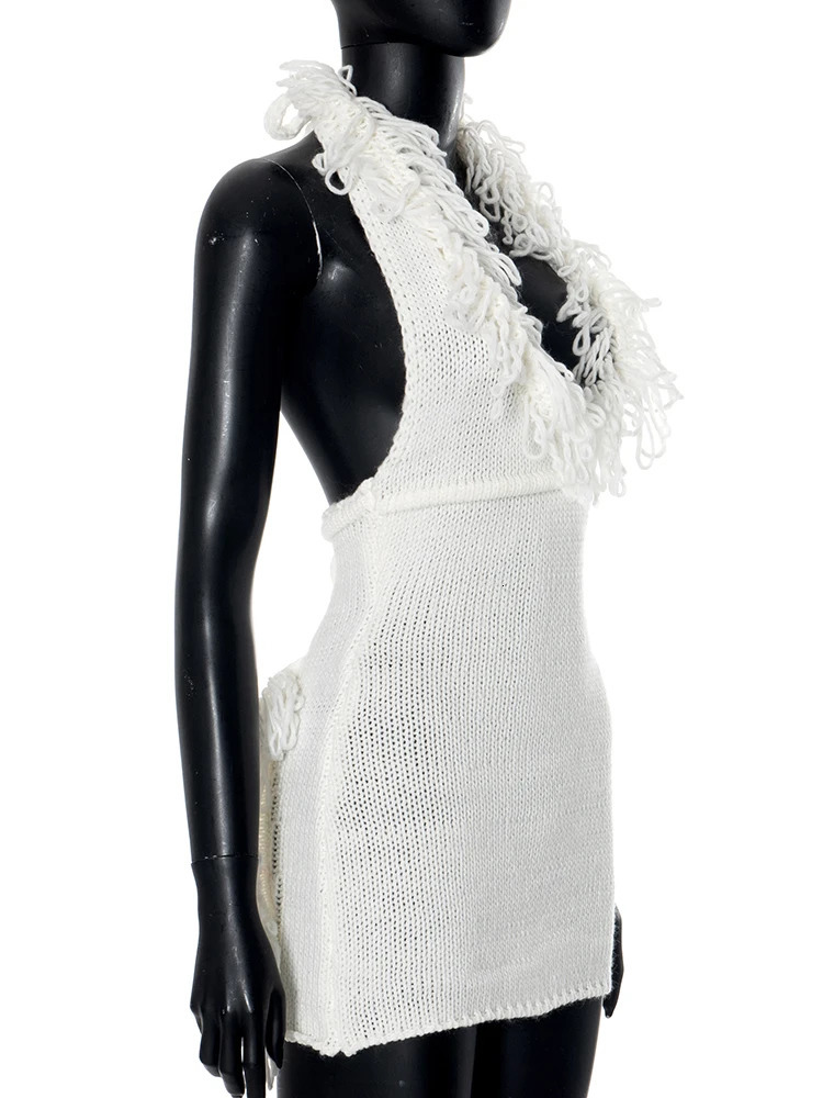Weird Puss Crochet Halter Dress Women Low-Neck Bandage Backless Stretch Tassel Skinny Sleeveless Street Elegant Mini Bodycon 250605