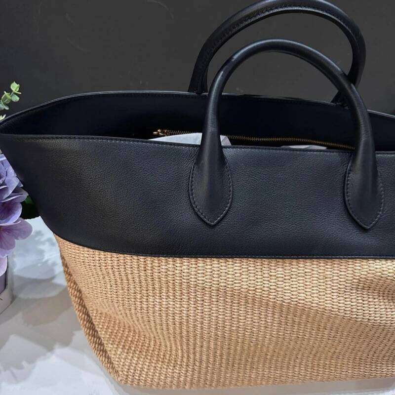 Meet You New Summer Woven Beach Straw Pu Leather Splice Women's Large Capacity Tote Bag Seaside Holiday Vacation Handbag2025