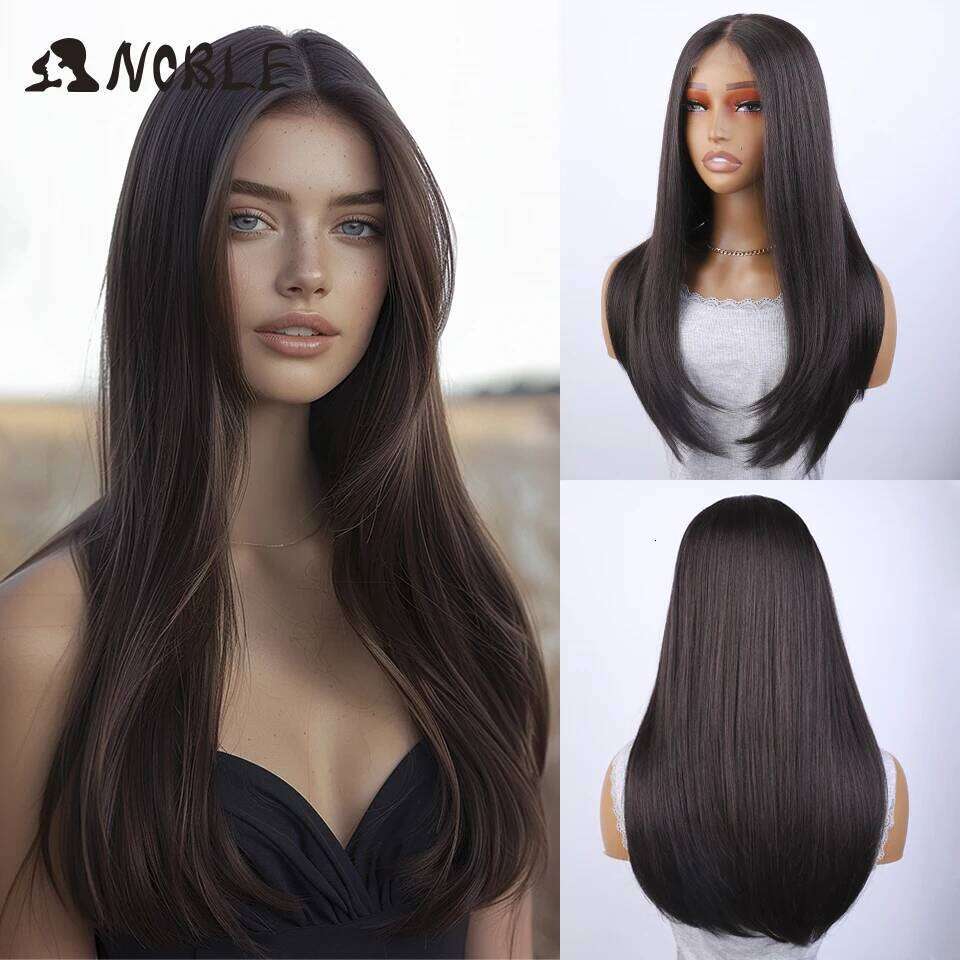 NAMM Noble Lace Front Straight Baby Synthetic Hair 22" Brown Bob For Women Cosplay Wig