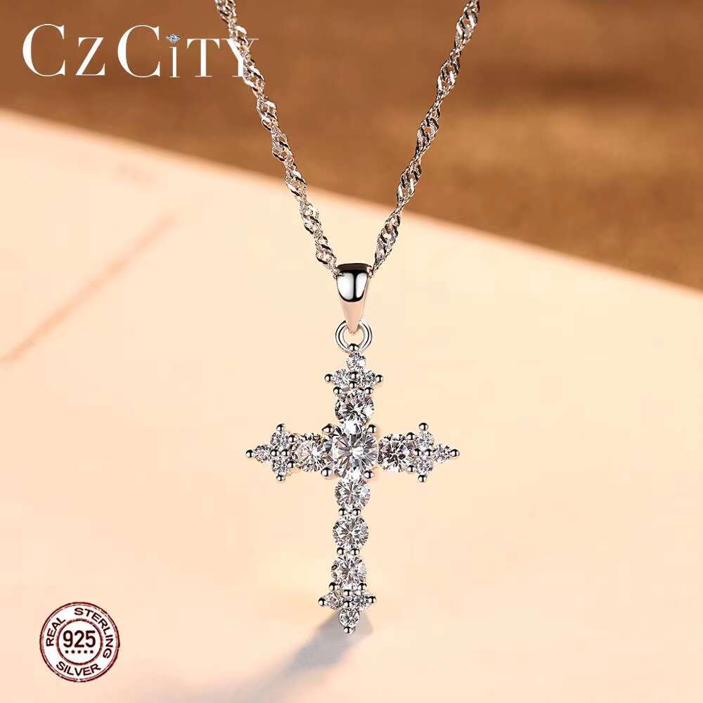 CZCITY 925 Sterling Silver Cross Necklace 3A Cubic Zirconia Cross Pendant Necklaces for Women Wholesale Jewellery
