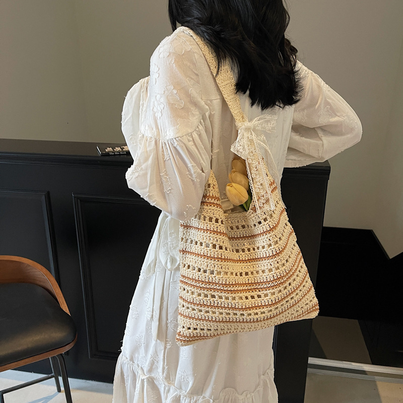 designer Korean and Japanese Style Striped Cotton Hollow Bag 2025 Summer Beach Vacation Woven Bag Simple Lazy Style Handbag Shoulder Bag