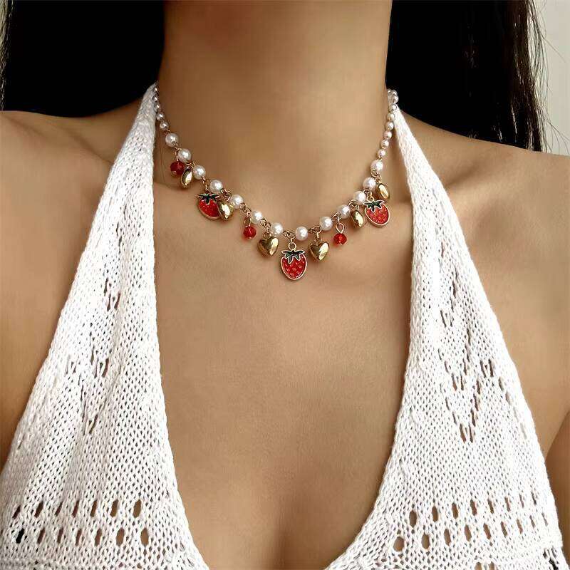 New Fruit Heart Imitation Pearl Necklace Sweet Cute Strawberry Cherry Tassel Charm Women's Jewelry Gift