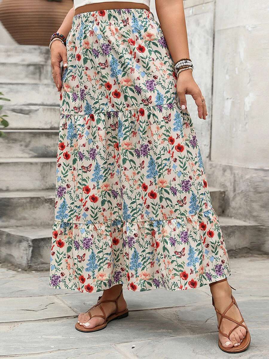 Womens Vintage Boho Style Maxi Skirt with Elastic Waistband Flowy Floral Print Summer Skirt for Casual Daily Wear