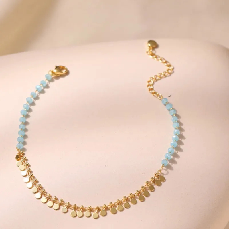 ANENJERY 18K Gold Plated Tassels Charm Anklet for Women Boho Summer Bracelet Blue Stone Beaded Handmade Jewelry Wholesale 250606