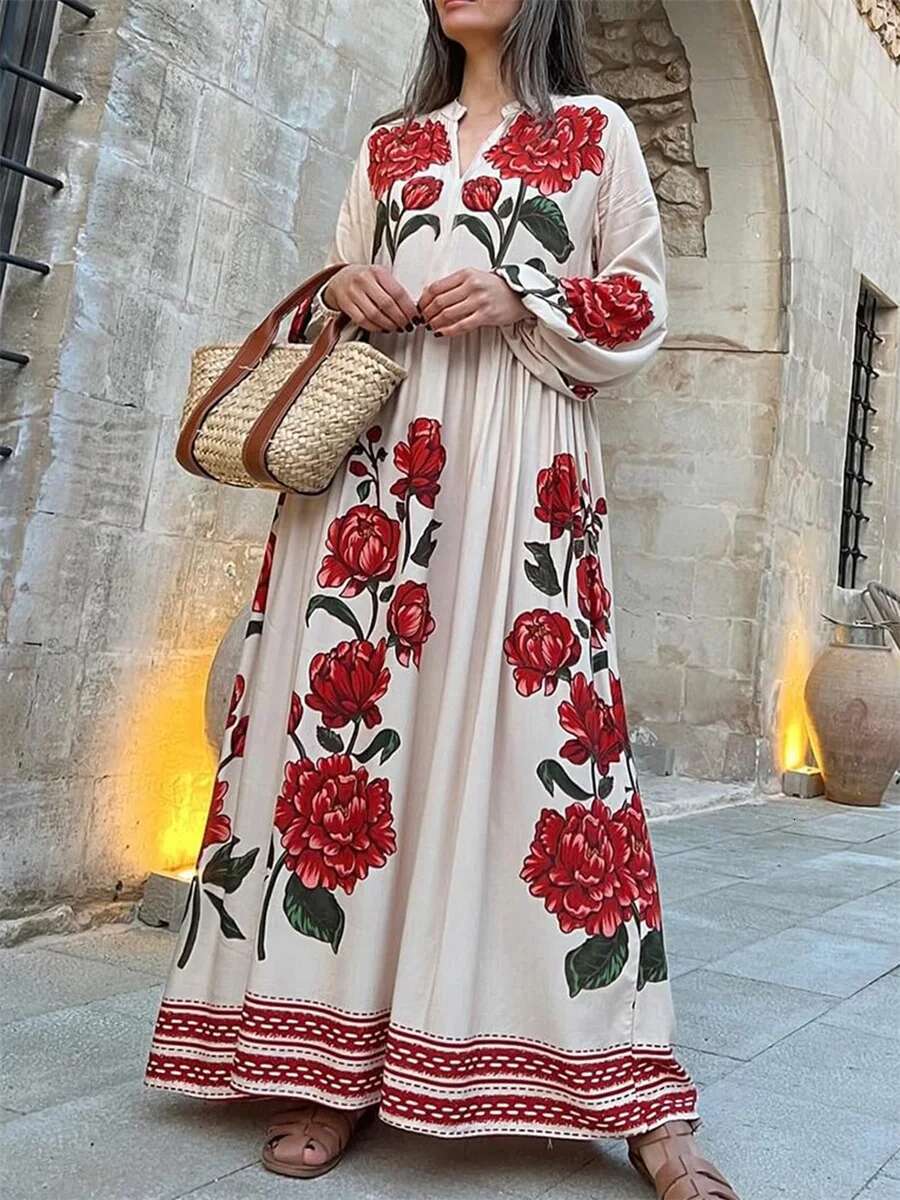 Womens Elegant Floral Print V-neck Long Sleeve Maxi Dress with Flowy Silhouette for Casual Fall Style