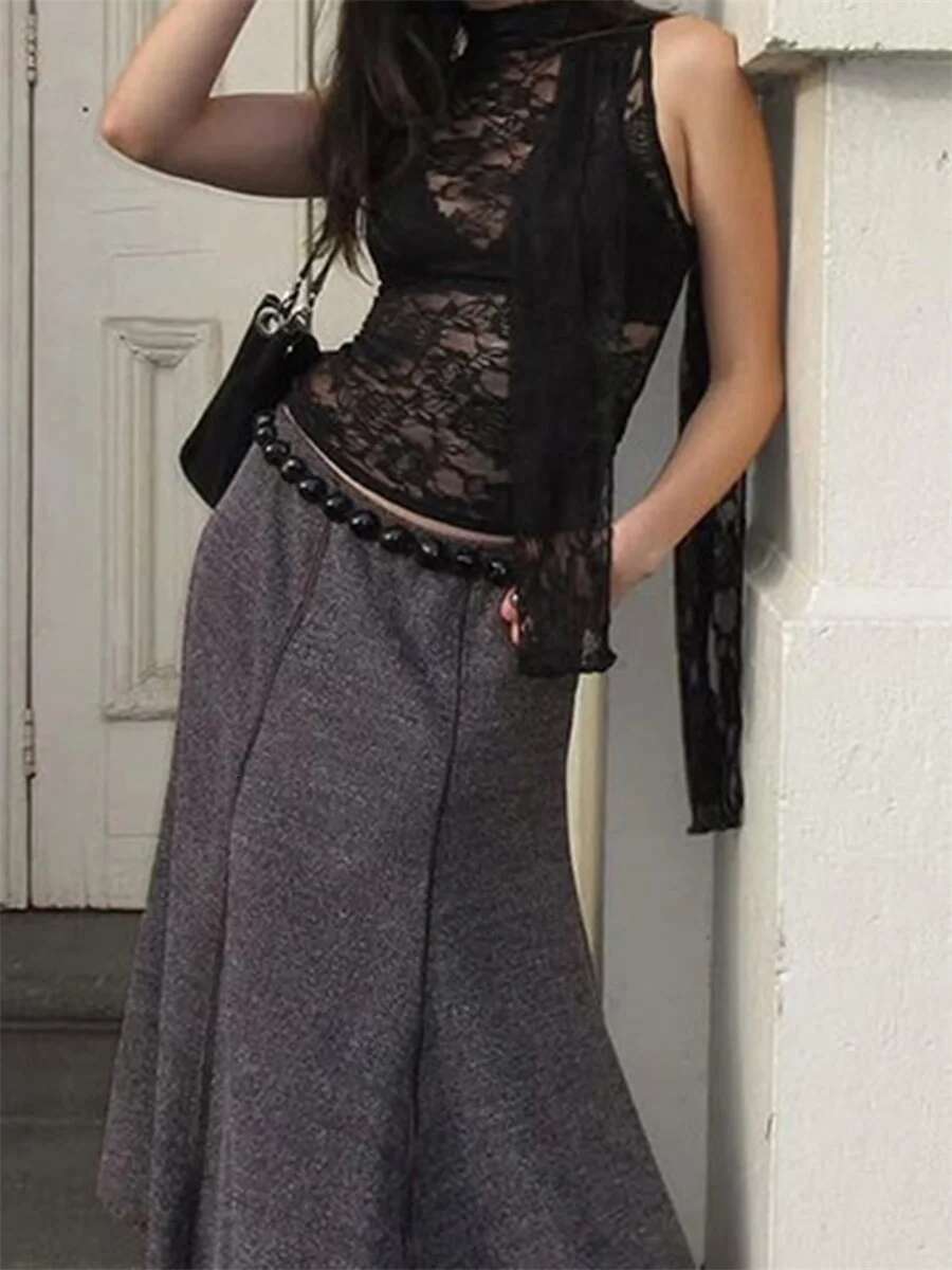 Womens Elegant Floral Lace Sleeveless Blouse High Neck Tie-up Fit Sheer Mesh Cropped Tank Top for Summer