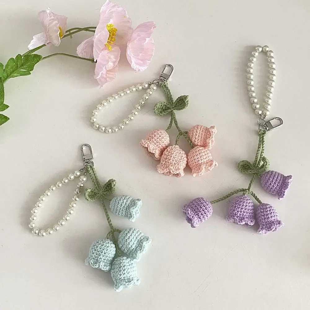 Creative Wool Crocheted Bolling Orchid Key Ring Ins Cute Girl Pearl Chain Key Chain Handmade Knitted Bag Pendant Charm Gift XJ250607