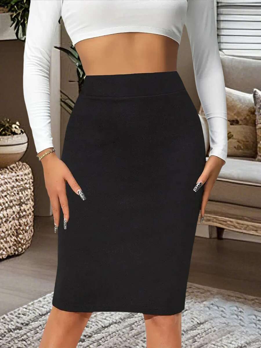 Womens Elegant High Waist Bodycon Midi Skirt in Solid Color Fit Pencil Skirt for a Sophisticated Look