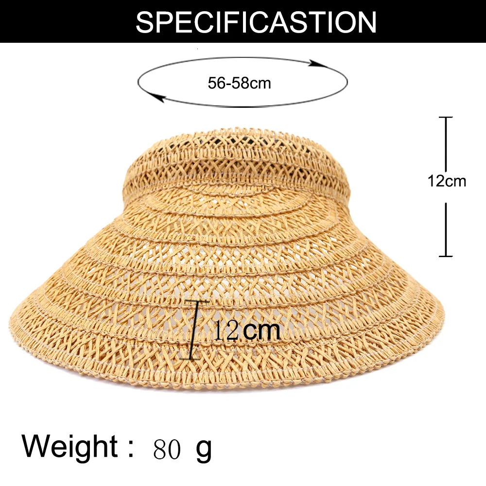 Empty Top Cap Spring Summer Korean Style Visor Straw Hat Outdoor Travel Beach Sun Protection Sunshade Big Brim Visor Cap 250603