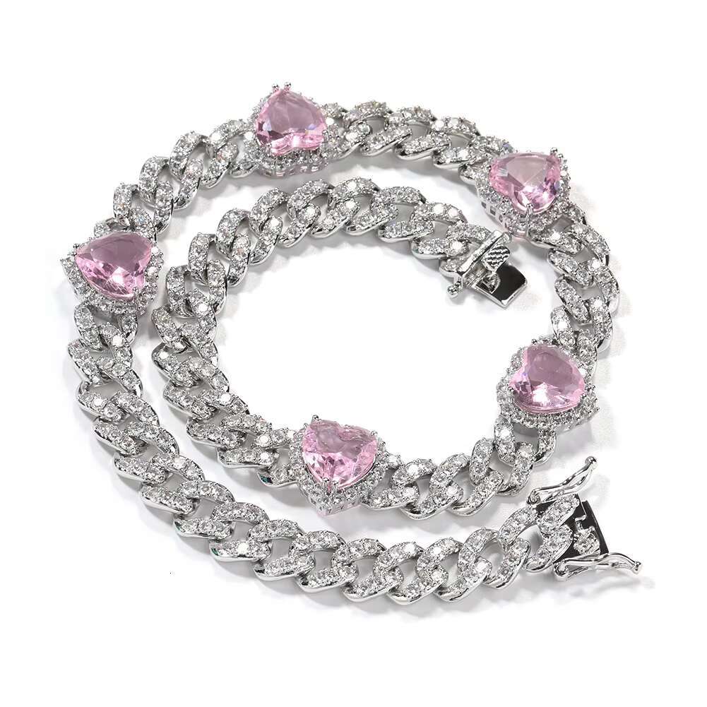 925 silver plated gold necklace for men and women; 9mm Cuban chain with pink heart-shaped moissanite bracelet set for ladies; hip jewelry