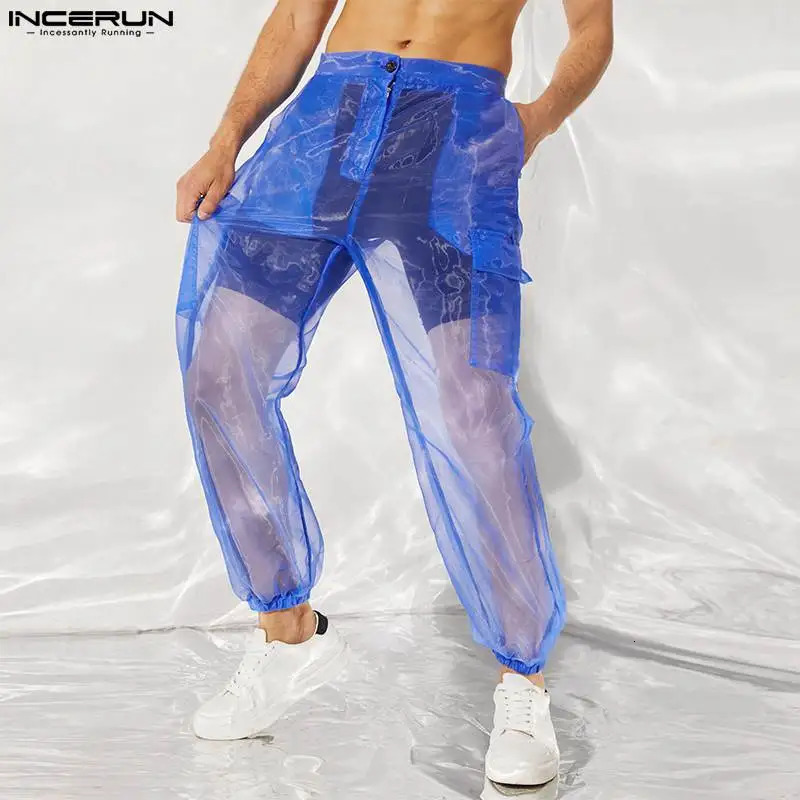 INCERUN Men Mesh Sleep Bottoms Lace Transparent Drawstring Sexy Homewear Pockets Breathable Trousers Male Sleep Pants S-5XL 250605