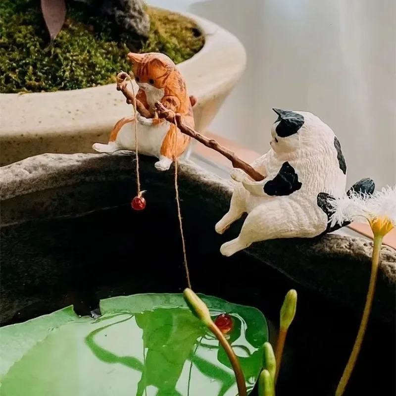 7pcs/set Fishing Cat Ornaments Aquarium Decoration Fish Landscaping Cartoon Cat Statue Mini Resin Figurine Home Decorations 250604