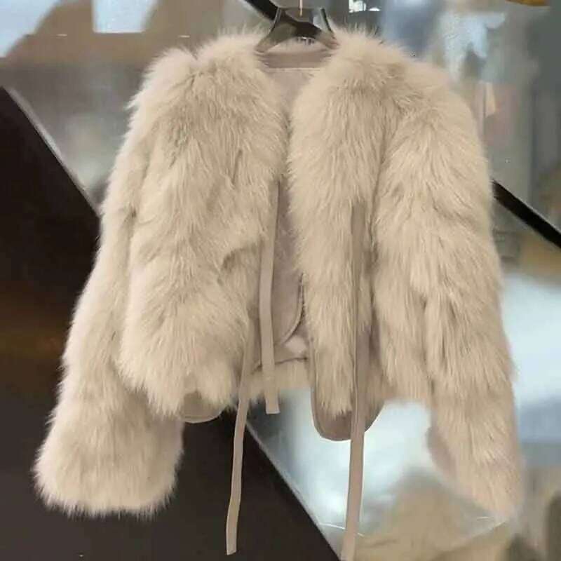 Autumn Crop Coat Women Y2K Fashion Streetwear O Neck Fluffy Short Jacket Korean Elegant Lace Up Faux Fox Fur Parkas luanyun