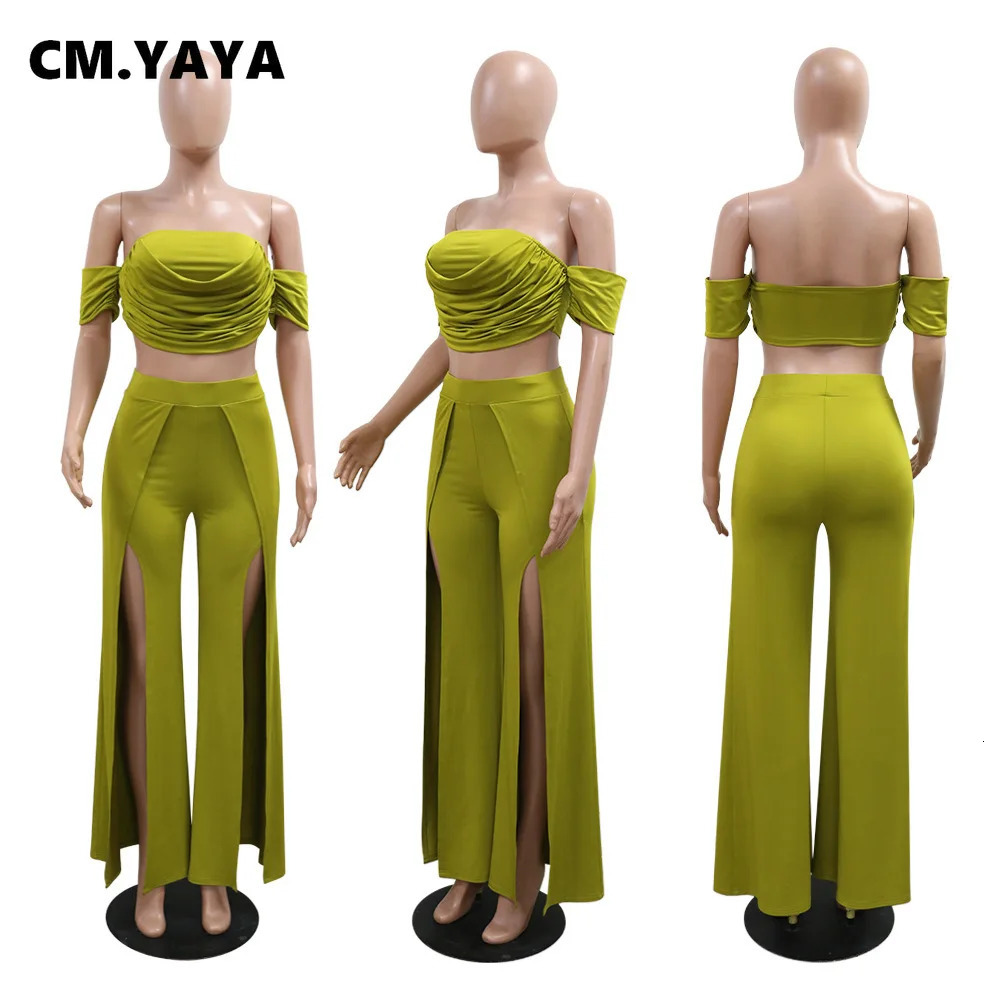 CM.YAYA Womens Set Short Sleeve Slash Neck Ruched Tops and Wide Leg split Pants Street Two 2 Piece Sets Outfit Tracksuits 250605