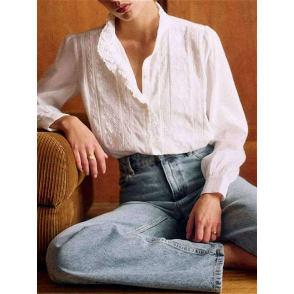 Coats Designer Women Lace Embroidered White Straight Shirt Stand Collar Female Long Sleeve Blouse And Tops Designer