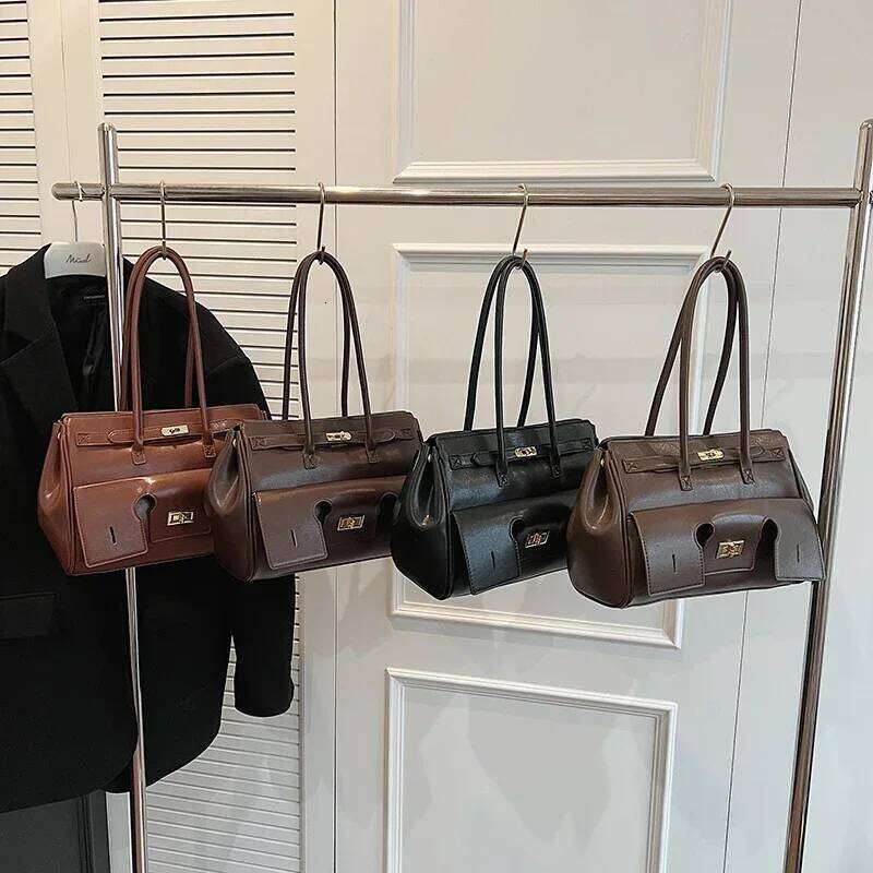 Large Capacity Vintage Lock Shoulder Bag Soft Leather Multi-Pocket Quality Daily Commute Handbag 2024