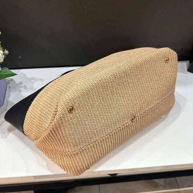 Meet You New Summer Woven Beach Straw Pu Leather Splice Women's Large Capacity Tote Bag Seaside Holiday Vacation Handbag2025