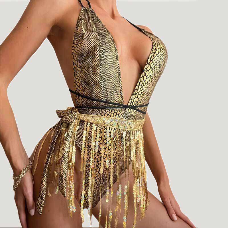 Women's European and American Sexy Deep V Swimwear Ins Style Tassel Performance Costume One-piece Swimsuit Bikini Women 2025 New Casual Fashion T