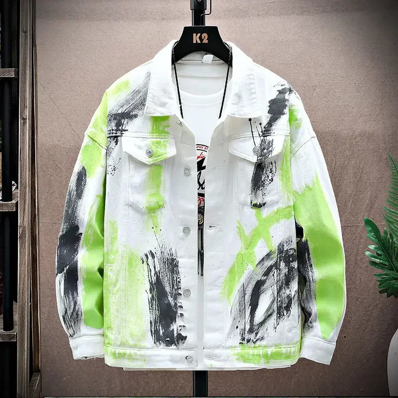 Button Hip Hop Black Male Jean Coats Mens Denim Jacket Wite Autumn Winter Outerwear Rock Worn Menswear 2024 Oversize 250530