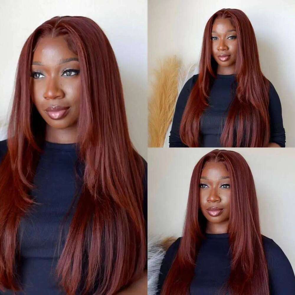 NAMM Reddish Brown Straight Layered Front Wigs For Women Copper Red Pre Plucked Lace Frontal Layers Glueless Synthetic Wig