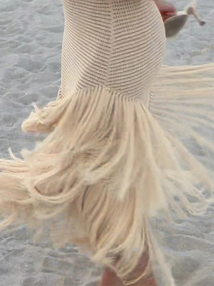 Neck Tassel Deep V-Neck See Through Womens Long Dress Sexy White Backless Robe Longue Summer Holiday Females Long Dresses 250605