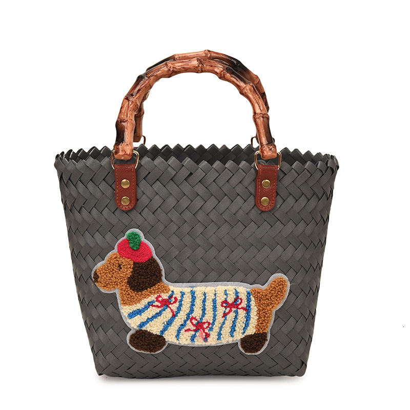 designer Dachshund Puppy Basket Bag for Work Commute Handbag Retro Bamboo Woven Bag Lunch Box Bag Handheld Bag