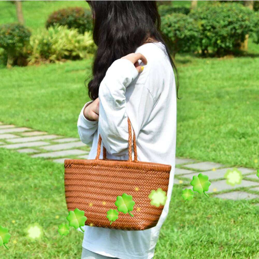 Women Weave Handbags Feminine Handmade Woven Bucket Bag With Cotton Inner Pockets Casual Knitting Leather Handle Bags