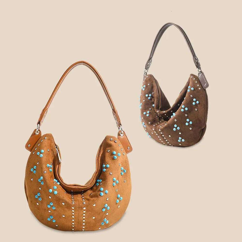 Designer Bag Luxury Bag Retro Rivet Frosted Handbag, Large Capacity Underarm Shoulder Dumpling Bag,Women's 2025 New Fashionable Suede Tote Bag,Cr