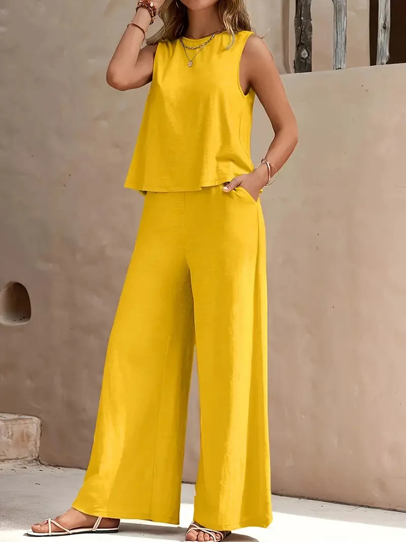 QX Womens Sleeveless Summer 2025 Pants Suit Flash Sale Solid Color Elegant Two Piece Round Neck Suit 250605