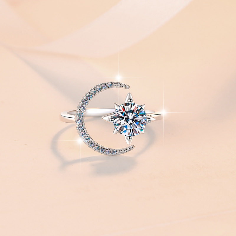 Adjustable Dreamy Star and Moon Moissanite Ring in S925 Sterling Silver, Perfect for Special Occasions, Affordable Luxury Jewelry, Cross-Border Wholes