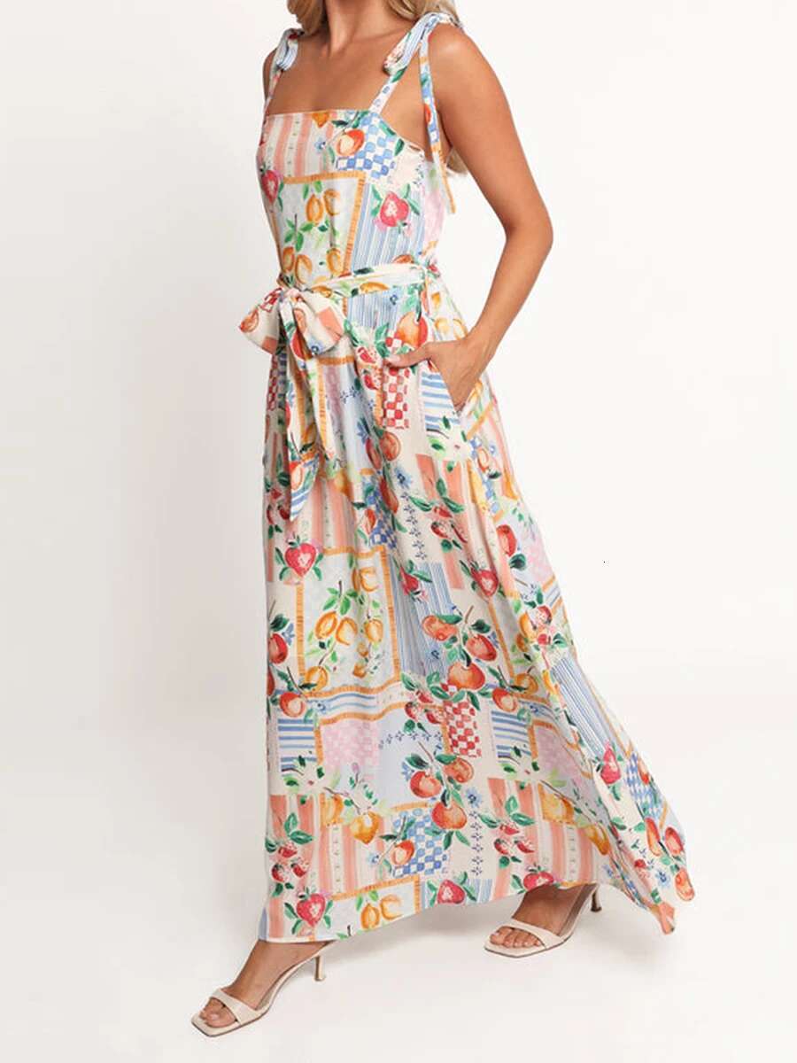 Womens Floral Print Sleeveless Maxi Dress with V-neckline and Adjustable Spaghetti Straps for Summer Beach Wedding Party