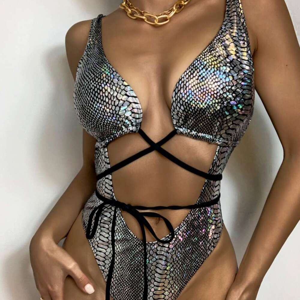 Hot Selli European and American Style One-Piece Swimsuit for Women Black Sexy Solid Color Tie Bikini Plus Size Wholesale 2025 New Casual Fashion Trend