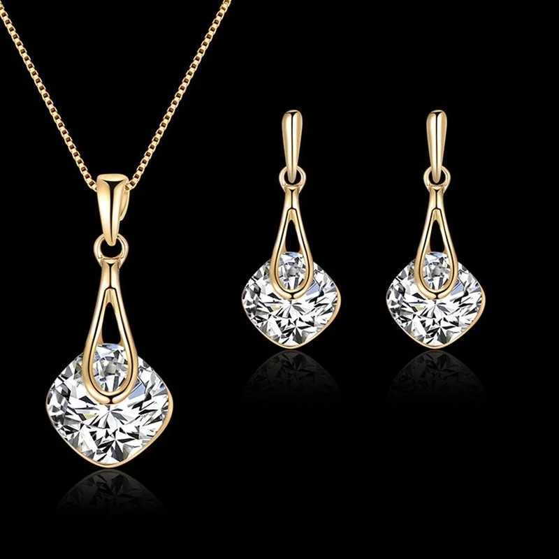 Fashion Women Water Drop Pendant Square Rhinestone Ear Stud Earrings Necklace Lady Jewelry Set Z250607