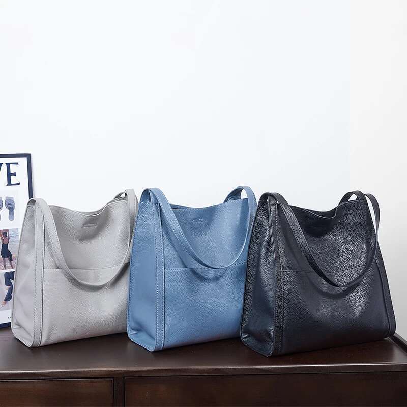 Women's Cow Genuine Leather Large Tote Bag Ladies Fashion Designer Shoulder Bags Female Commuter Retro Cowhide Handbags