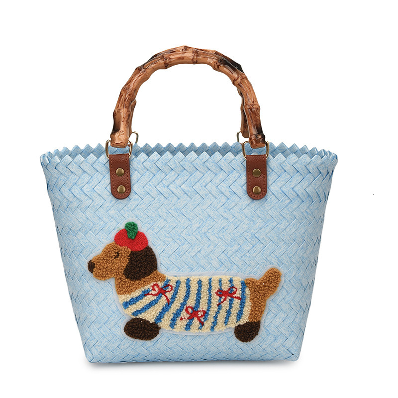 designer Dachshund Puppy Basket Bag for Work Commute Handbag Retro Bamboo Woven Bag Lunch Box Bag Handheld Bag